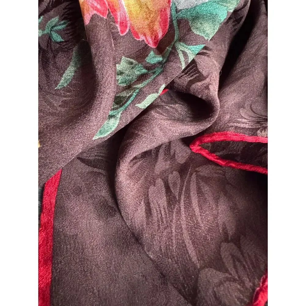 Ellen Tracy Floral Silk Blend Square Scarf Brown Red Tulip Garden Wrap